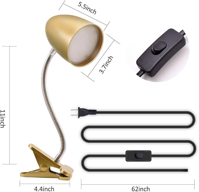 Energetic Clip on Lamp for Bed, Non-Dimmable Reading Light for Bed and Desk, 4000K Cool White, 3.5W 240 LM Flexible Gooseneck lamp, Eye Protection, ETL Listed, Gold - Bloomnest