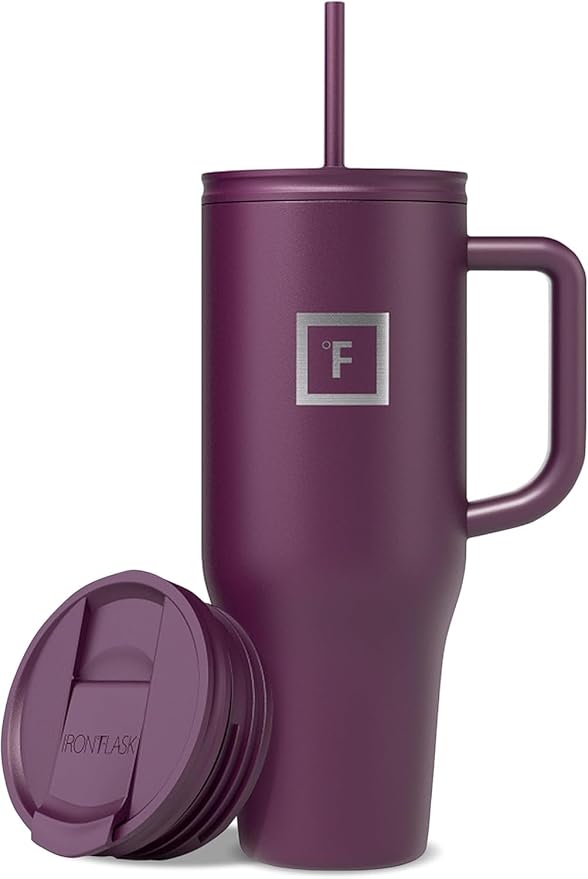 IRON °FLASK Co-Pilot Insulated Mug w/Straw & Flip Cap Lids - Cup Holder Bottle for Hot, Cold Drink - Leak-Proof - Water, Coffee Portable Travel Mug - Burgundy, 40 Oz - Bloomnest