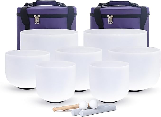 KVKA 6-12 Inch 432hz Crystal Bowls Set of 7Pcs C D E F G A B with Carrying Cases and Suede Stickers,O-Ring for Yoga Sound Healing