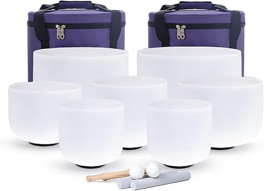 KVKA 6-12 Inch 432hz Crystal Bowls Set of 7Pcs C D E F G A B with Carrying Cases and Suede Stickers,O-Ring for Yoga Sound Healing