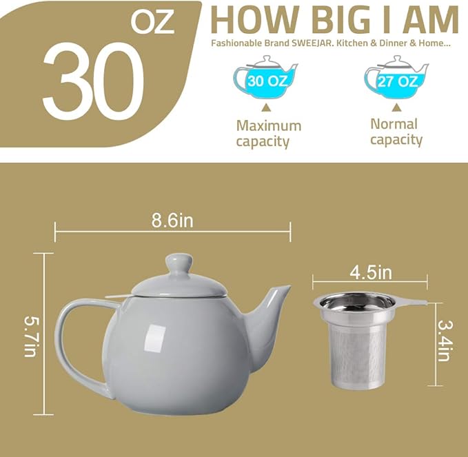 Sweejar Porcelain Teapot with Removable Stainless Steel Infuser,Microwave & Dishwasher Safe Tea Pots for Loose Tea,Tea Infuser Pots for Chrismas Women Gift (30oz Black) - Bloomnest