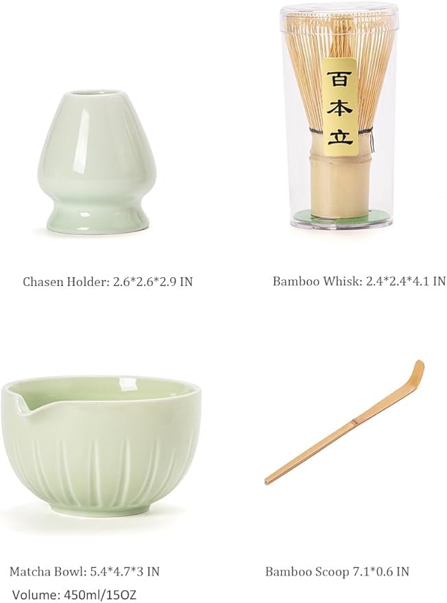 TANG PIN Matcha Set - Match Bowl with Spout and Whisk, 15 OZ, Matcha Scoop | Matcha Whisk Stand (Chasen Holder) - 4pc Perfect Matcha Kit for Matcha Tea Ceremony (Green) - Bloomnest