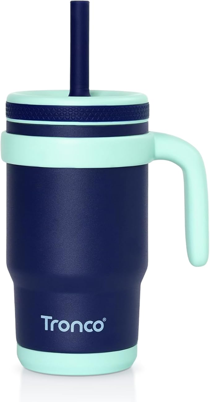 Tronco 14 oz Kids Insulated Tumbler with Handle & Spill Resistant Flexible Straw, BPA-Free Stainless Steel Toddler Cups with Lids, Splash-Proof Kid Drinking Cup Travel Mugs, Easy to Clean - Bloomnest