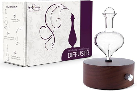 ArOmis Premium Glass Essential Oils Nebulizer - Waterless Diffuser for Aromatherapy - Handmade Oil Diffuser, Wooden Base, No Plastic, No Heat, No Battery, No LEDs - Solum Nox Eros ArOmis