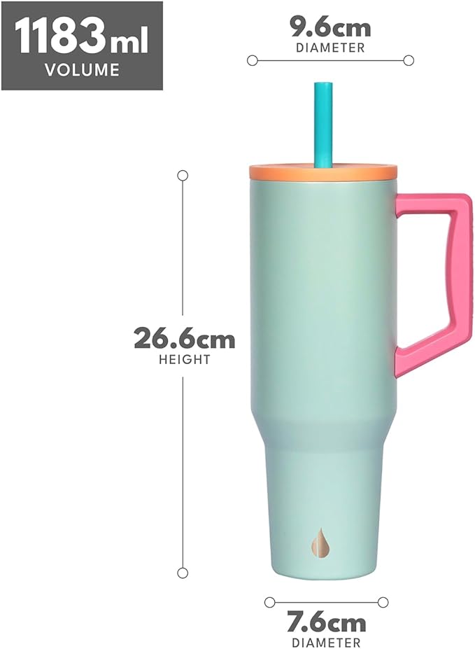 Elemental 40 oz Tumbler with Handle and Straw - Spill Proof Insulated Stainless Steel Commuter for Hot and Cold Beverages - Travel Coffee Mug with 2 Straws & Spill Proof Lid - 40oz - Mint Sorbet - Bloomnest
