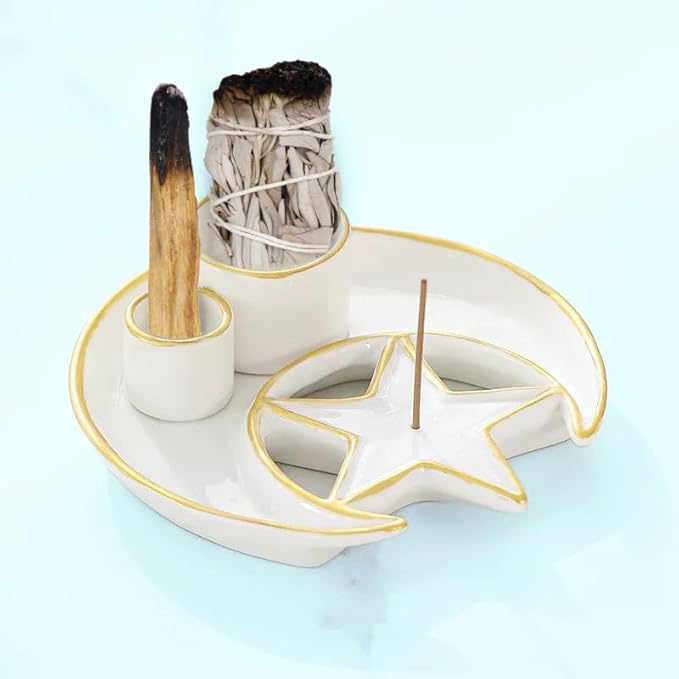 Incense Holder,4 in 1 Palo Santo Holder for Burning Sage and Sticks,5.9" Ceramic Incense Burner,White Candle Holder Ash Catcher Tray for Meditation Home Zen Decor Gift - Bloomnest