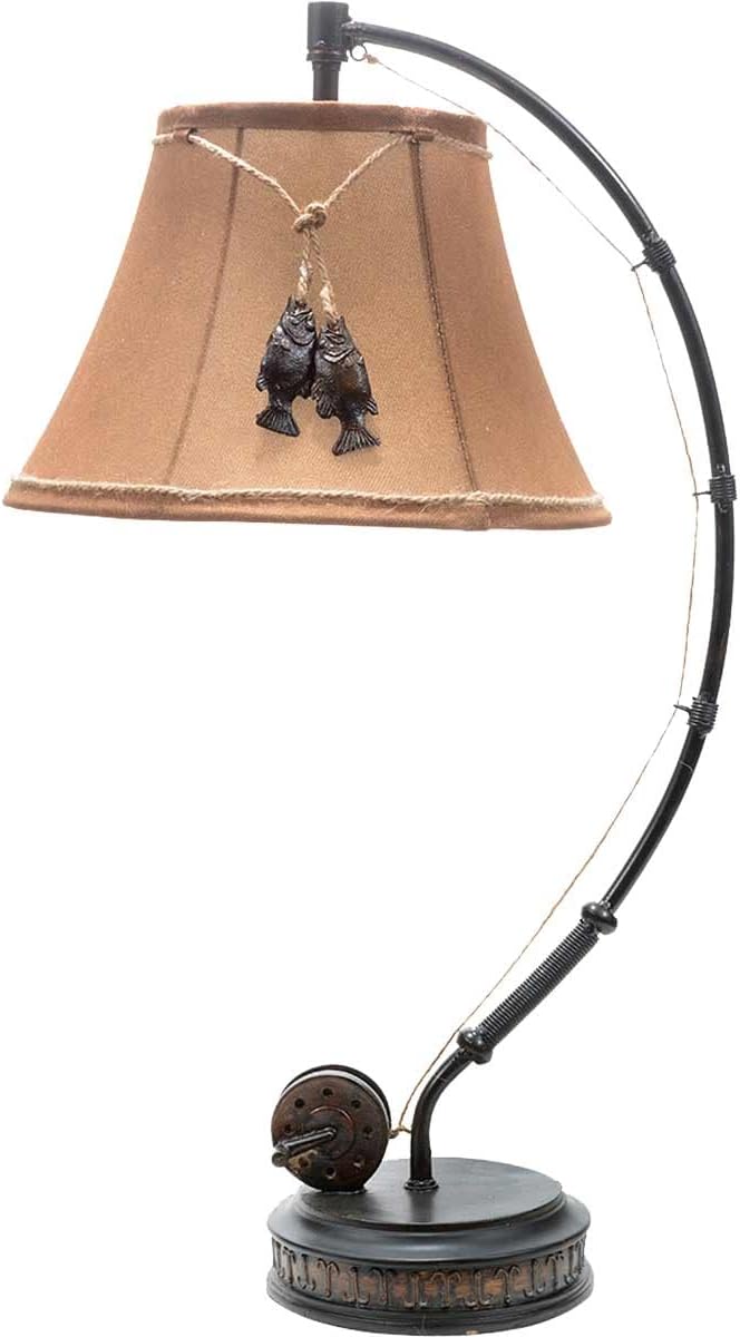 BLACK FOREST DECOR - Fishing Reel Table Lamp with Faux Moleskin Shade - Perfect Cabin & Lodge Decor - 28" x 15" x 13" - Bloomnest