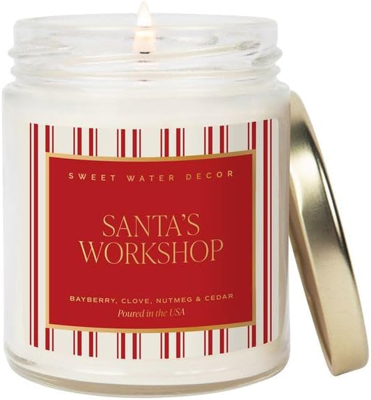 Sweet Water Decor Santa's Workshop Candle - Bayberry, Fir, Nutmeg, and Clove Winter Holiday Scented Soy Candles for Home - 9oz Clear Jar, 40 Hour Burn Time, Made in The USA - Bloomnest