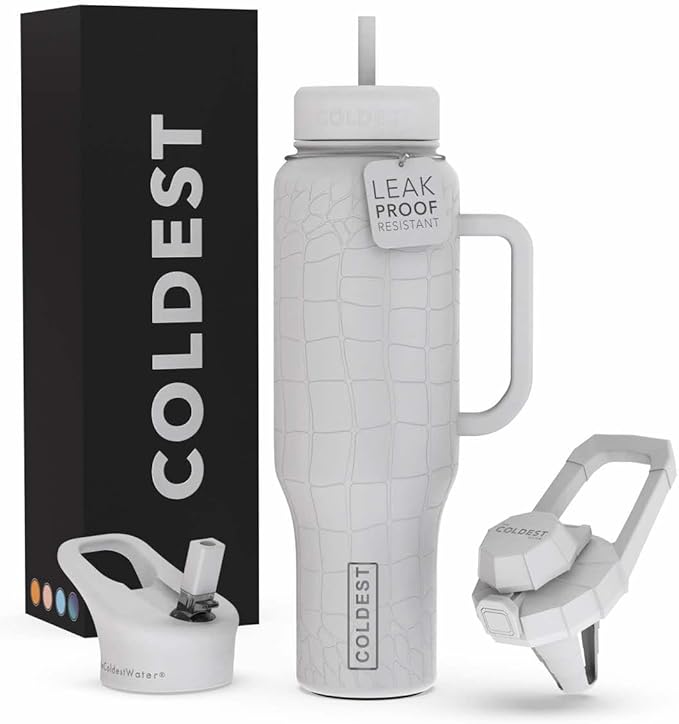 Coldest Tumbler with Handle and Straw - 100% Leak Proof Insulated Tumbler with Lid and Straw (3 Lids) - Stainless Steel Tumblers for Women & Men - Cup Holder Friendly Base, 46 oz (White Croc) - Bloomnest