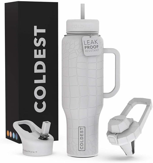 Coldest Tumbler with Handle and Straw - 100% Leak Proof Insulated Tumbler with Lid and Straw (3 Lids) - Stainless Steel Tumblers for Women & Men - Cup Holder Friendly Base, 46 oz (White Croc) - Bloomnest