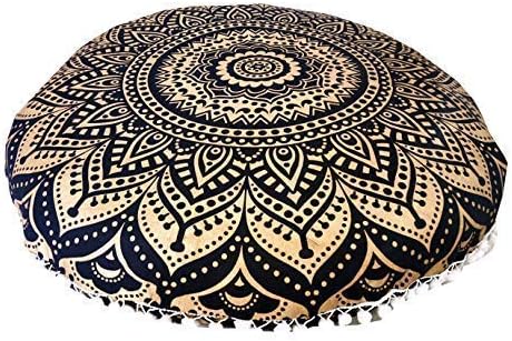 INDIAN CRAFT CASTLE 24" Gold Ombre Black Mandala Barmeri Large Floor Pillow Cover Cushion Meditation Seating Ottoman Throw Cover Hippie Decorative Zipped Bohemian Pouf Ottoman Pom Pom Cases 24" Round - Bloomnest