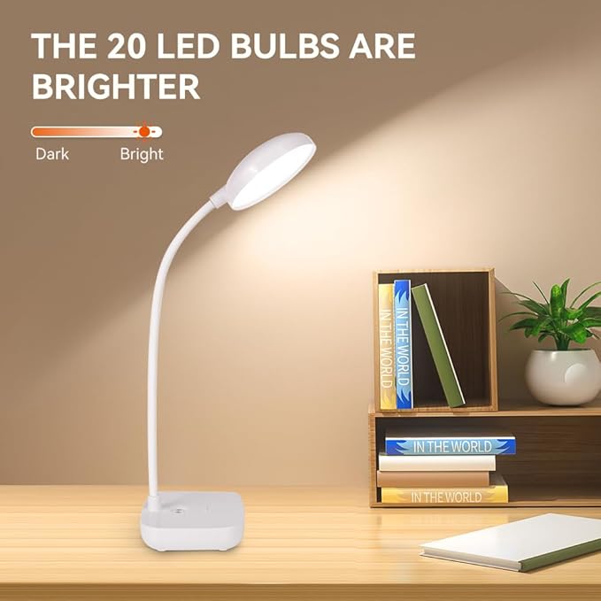 Small desk lamps for small spaces,2 Pack White,Rechargeable desk lamp battery powered,3 light colors,Eye protection light,10 Adjustable brightness,400 lumens,Gooseneck hose,Desk lamps for home office - Bloomnest