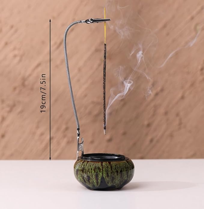 Incense Burner with Calabash Incense Stick Holder - Porcelain Charcoal Censer for Use with Resin Granular Powder Cone or Coil Incense (Kiln-Colored Green) - Bloomnest