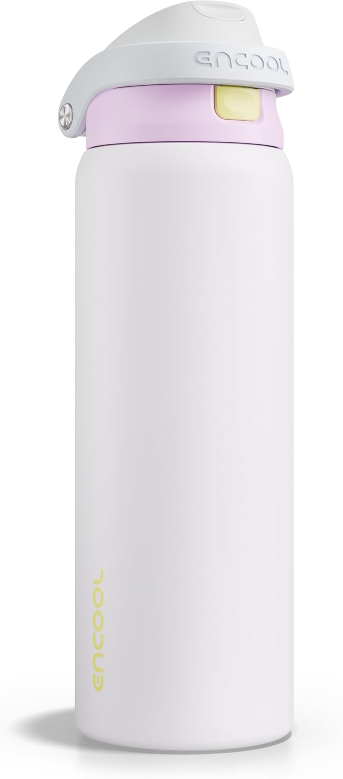 ENCOOL Leakproof Insulated Water Bottle with Straw Dual-Sip Water Bottle Bag-Safe Design for Work, Commute & Gym – Keeps Drinks Cold All Day, 32 oz, Lemonade Pink ENCOOL