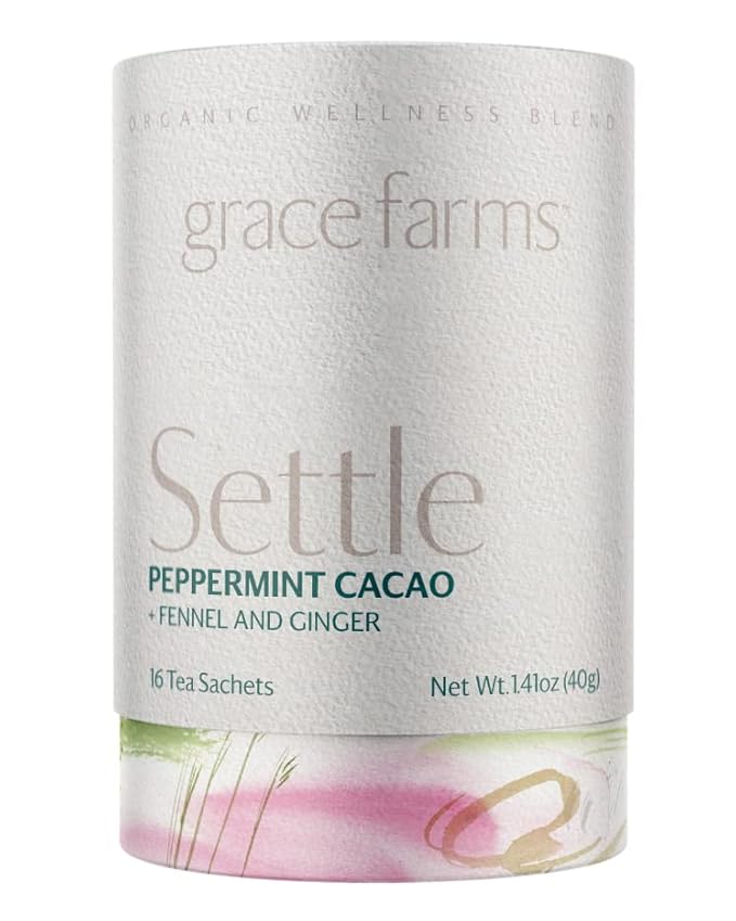 Grace Farms SETTLE Wellness Organic Tea Blend (16 Pyramid Sachets) | Peppermint Cacao | Relaxing and Digestive Support | Fairtrade and Kosher | Filled With Antioxidants and Stress-Relieving Herbs | Gives Back 100% of Profits - Bloomnest