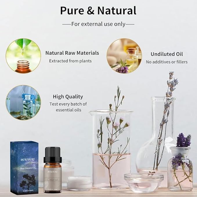 BURIBURI Vanilla Essential Oil and Coconut Oil Essential Oil, 2Pack Essential Oil Set, 100% Pure, Natural Essential Oils 10ml for Diffusers, Masage, Candle Making Soap Making BURIBURI