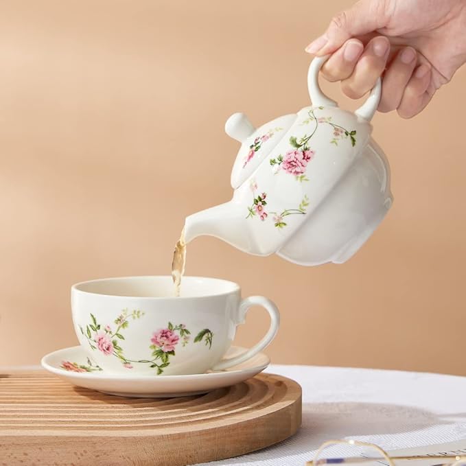 Porcelain Tea for One Set, Floral Ceramic Tea for One Teapot and Cup Set, 12oz Rattan Flowers Tea Set Gift for women - Bloomnest
