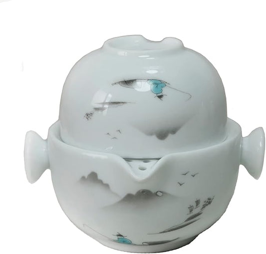 Liang baobao Convenient Teapot Cup Porcelain Teacup White Glazed Travel tea set (Landscape)