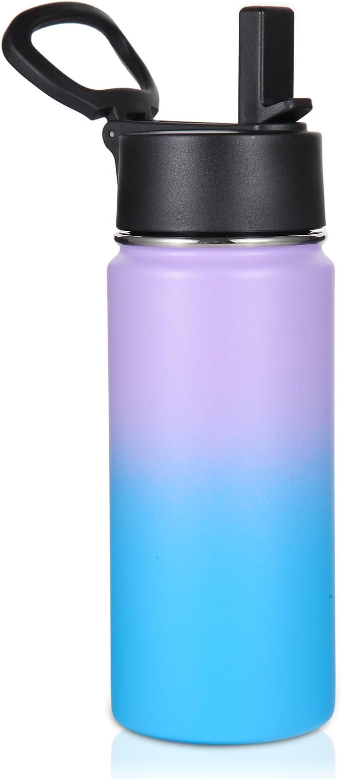 Volhoply Kids Insulated Water Bottle with Straw,16oz Stainless Steel Cold Water Bottles for School,BPA-Free Metal Wide Mouth Cups with Handle,Reusable Double Wall Vacuum Sport Flask(Lavender Blue,1) - Bloomnest