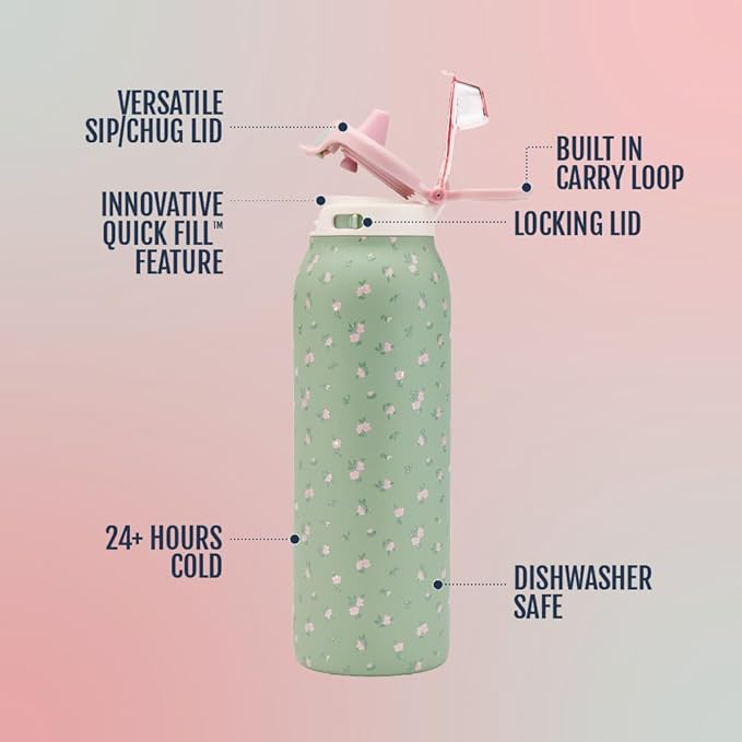 Ello Pop & Fill Insulated Stainless Steel Water Bottle with Quick Fill Lid, Leakproof Locking, Sip or Chug Spout, BPA-Free, Double Wall Vacuum Insulated for Sports, Travel & School- 22oz / 32oz / 40oz Ello