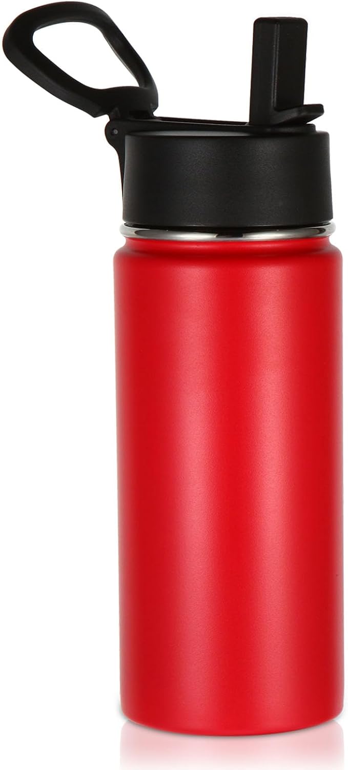 Volhoply Kids Insulated Water Bottle with Straw,16oz Stainless Steel Cold Water Bottles for School,BPA-Free Metal Wide Mouth Cups with Handle Lid,Reusable Double Wall Vacuum Sport Flask(Red,1) - Bloomnest