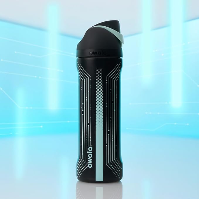 Owala TRON FreeSip Insulated Stainless Steel Glow in the Dark Water Bottle with Straw for Sports and Travel, BPA-Free, 24 oz, Black Owala