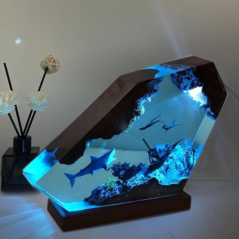 Shark Ocean Resin Lamp, Handmade Wooden Table Resin Night Light, USB Port Art Ornaments for Home Office Decor, Scuba Diver Gifts for Birthday Holiday, Valentine's Day Gifts for Husband