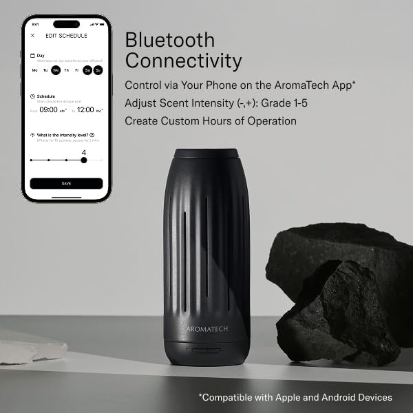 AromaTech Ambience Mini Scent Diffuser for Essential Oil Blends & Fragrances – Waterless Scent Machine w/Bluetooth for Smaller Spaces, Bathroom, Office, More - 600 Sq Ft – Charcoal Acrylic - Bloomnest