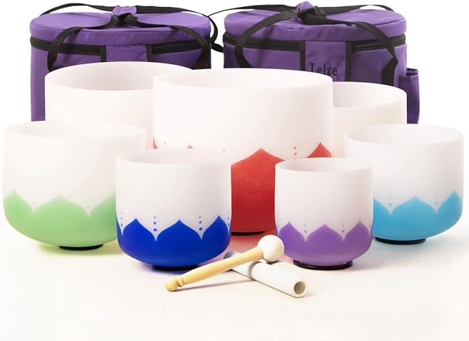 Leize 6-12 inch Lotus Design Chakra Tuned 432hz Set of 7 Quartz Crystal Singing Bowls with Heavy Duty Carrying Cases and Singing Bowl Mallet Suede Strikers