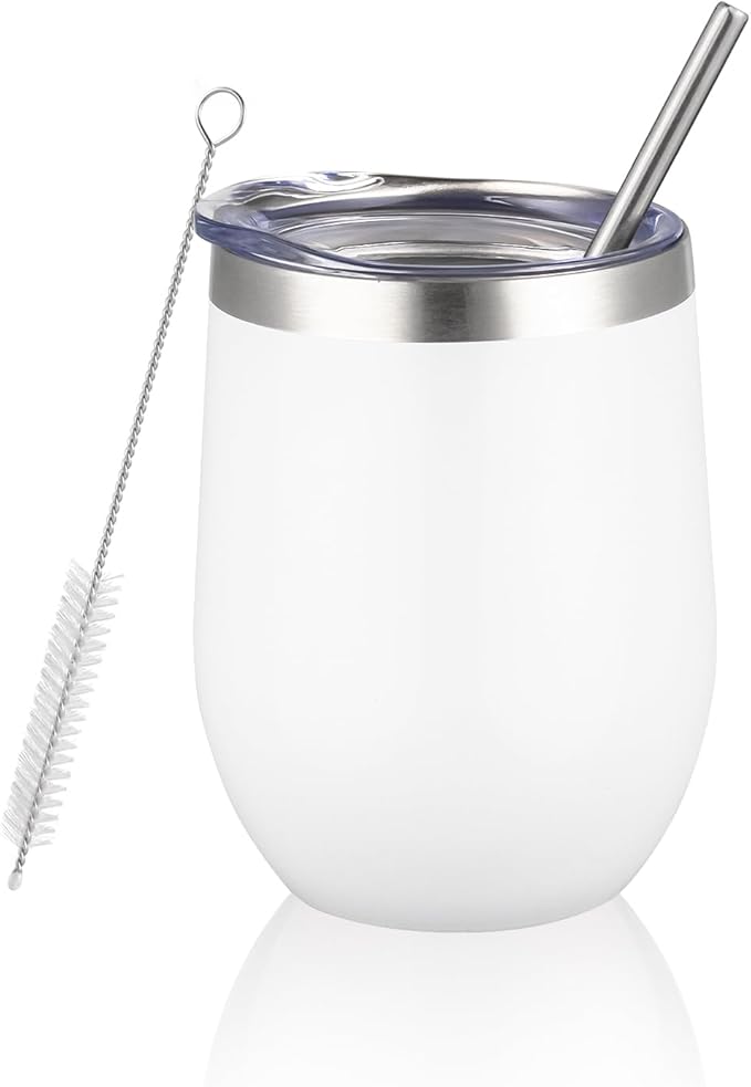 12 oz Insulated Wine Tumbler with Lid and Straw,Stainless Steel Stemless Wine Tumbler Glasses Double Wall Vacuum Wine Cups Tumbler for Coffee,Champaign,Cocktail,Office (White,1) - Bloomnest