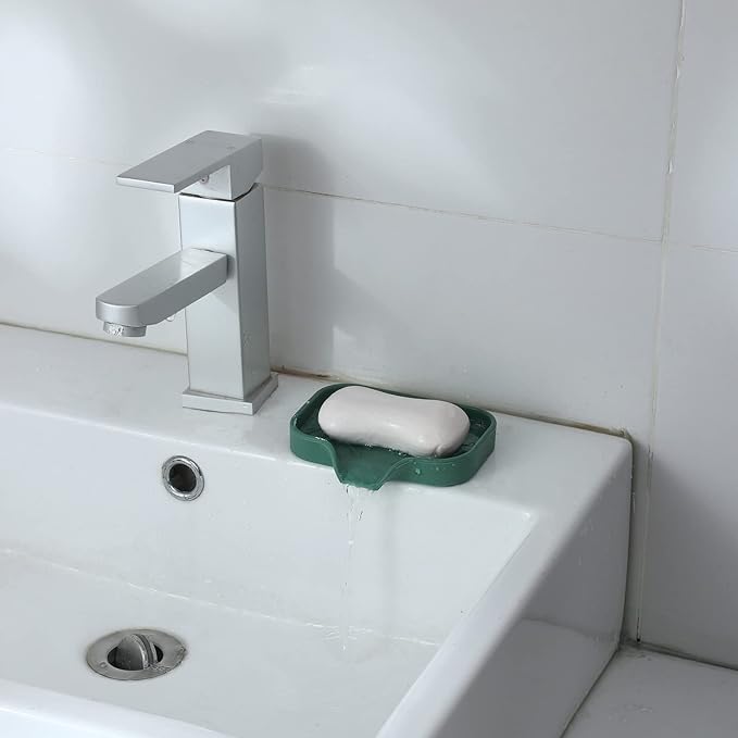 Silicone Bathroom Soap Dishes with Drain Spout-Bathroom and Kitchen Sink Organizer,Sponge Holder,Dish Soap Tray,Perfect for Dispenser,Scrubber,Bottle,Cup on Sink or Counter-Green 4.9"×3.2" - Bloomnest