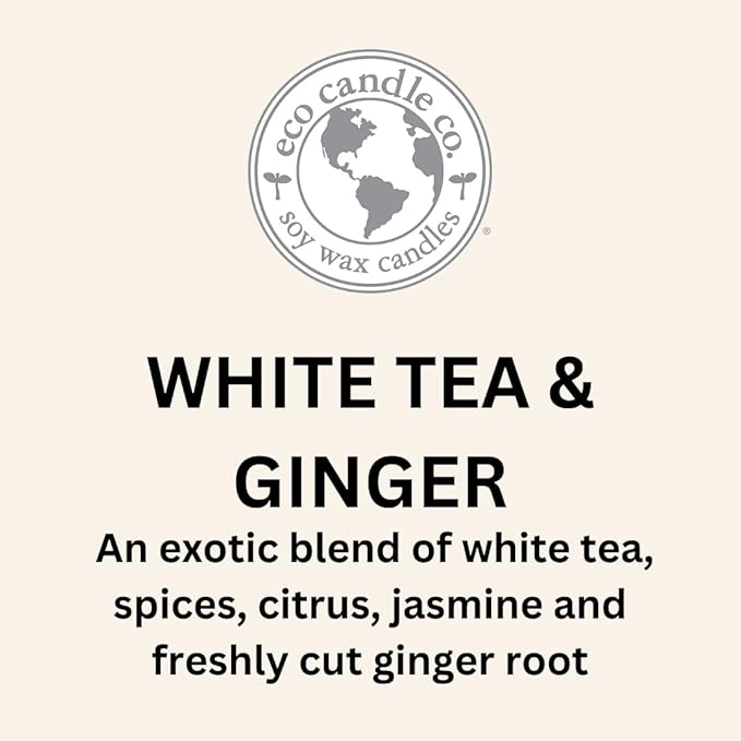 ECO CANDLE CO. Mason Jar Candle, White Tea & Ginger, 8 oz. - Scents of White Tea, Spices, Citrus, Jasmine, & Ginger - 100% Soy Wax, No Lead, Kraft Label & Antiqued Pewter Lid, Hand Made - Bloomnest