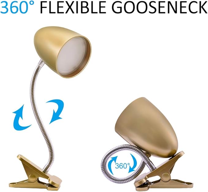 Energetic Clip on Lamp for Bed, Non-Dimmable Reading Light for Bed and Desk, 4000K Cool White, 3.5W 240 LM Flexible Gooseneck lamp, Eye Protection, ETL Listed, Gold - Bloomnest