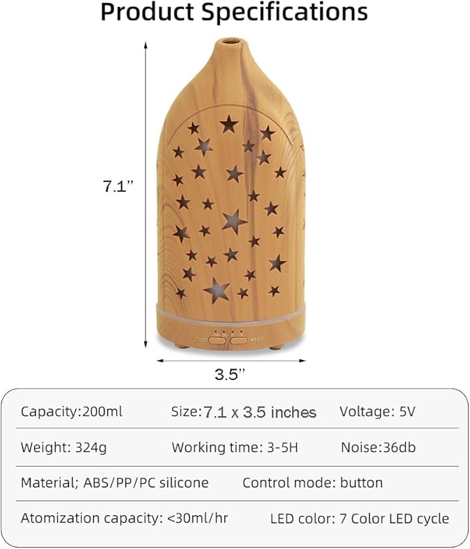 Essential Oil Diffuser,7.1''x3.5'' Diffusers with 3 Aromatherapy Oils Set,Small 200ml Desk Humidifier with 7 LED Colors Night Lights,Waterless Auto-Off for Office Home Decor Gift (Star) - Bloomnest