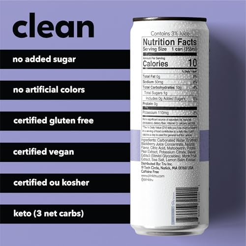 Tru Refresh Seltzer, Sparkling Water with Electrolytes, Prickly Pear, Lemon Balm & Real Blackberry Juice, Sweetened with Monk Fruit & Stevia, Gluten Free, Vegan, Caffeine Free, 12 FL OZ Cans, 12 Pack - Bloomnest