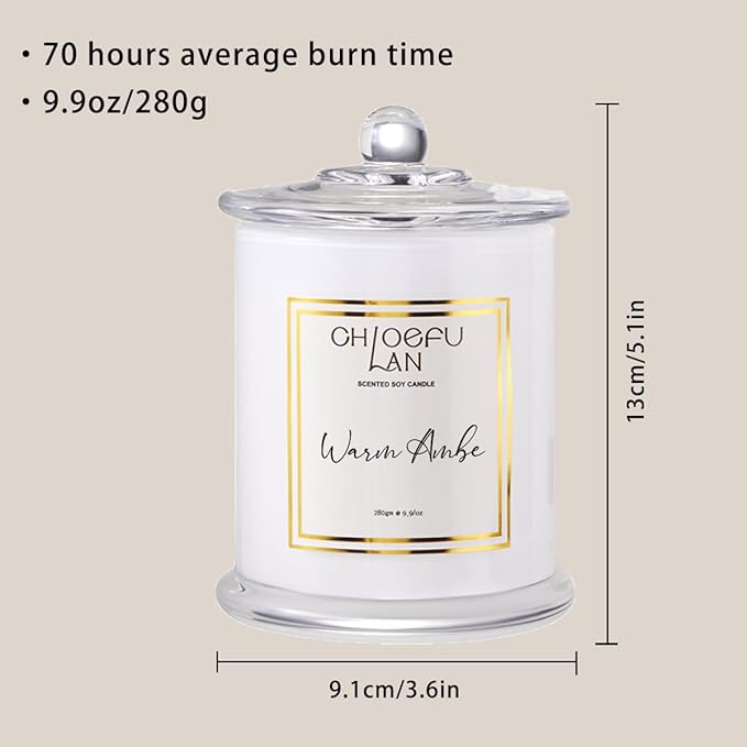 Chloefu LAN Warm Amber Candle, Scented Candles Gifts for Women & Men, Amber Oil, Cotton Wick, Natural Soy Wax for Clean Burning, Luxury Home Decor, Non-Toxic, Glass Jar Candle, 70 Hour Burn, 10 oz - Bloomnest
