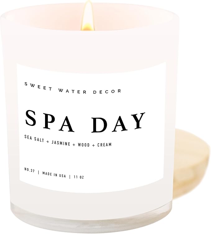 Sweet Water Decor Spa Day Candle - Spa Scented Soy Wax Candle for Home - Sea Salt, Jasmine, Wood, and Cream - 11oz Jar Candle with Wood Lid, 50+ Hour Burn Time, Made in The USA - Bloomnest