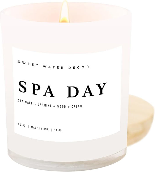 Sweet Water Decor Spa Day Candle - Spa Scented Soy Wax Candle for Home - Sea Salt, Jasmine, Wood, and Cream - 11oz Jar Candle with Wood Lid, 50+ Hour Burn Time, Made in The USA - Bloomnest