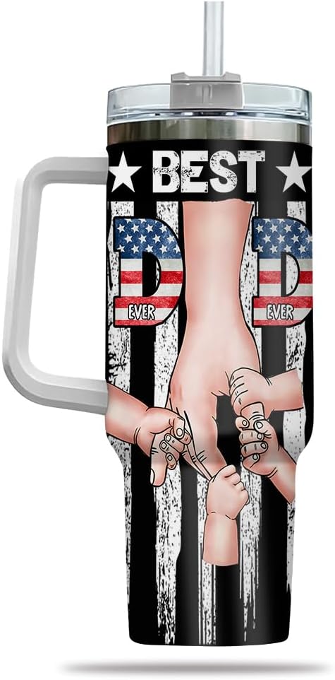 Personalized Best Dad Tumbler with Handle and Straw, Custom Names and USA Flag Design, Gift for Papa or Father from Kids, Father’s Day Mug Cup - Bloomnest