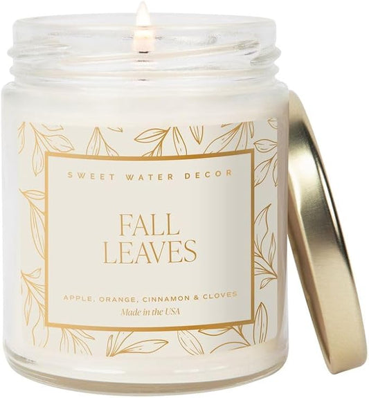 Sweet Water Decor Fall Leaves Candle, Autumn Scented Notes of Apple, Cinnamon, & Nectar, 40+ Hour Burn Time, Non-Toxic Soy Wax Blend, Poured in The USA, Cotton Wick, 9oz Glass Jar with Gold Lid - Bloomnest
