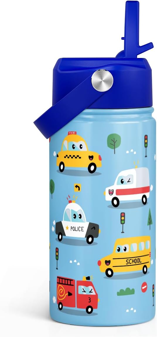 Transportation Kids Water Bottle With Straw Lid 12oz Insulated Stainless Steel, Travel Tumbler, Gifts For Boys, Birthday, Christmas, Back To School - Bloomnest
