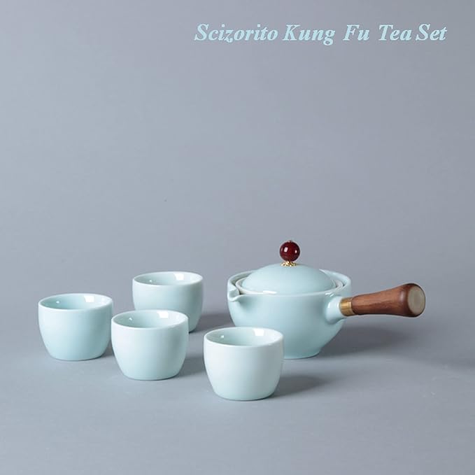 Ceramic Portable Travel Tea Set, Chinese Kungfu Tea Set with 360 Rotation Teapot and Infuser, 4 Tea Cups, Tea Tray And Travel Bag (Celadon Glaze)