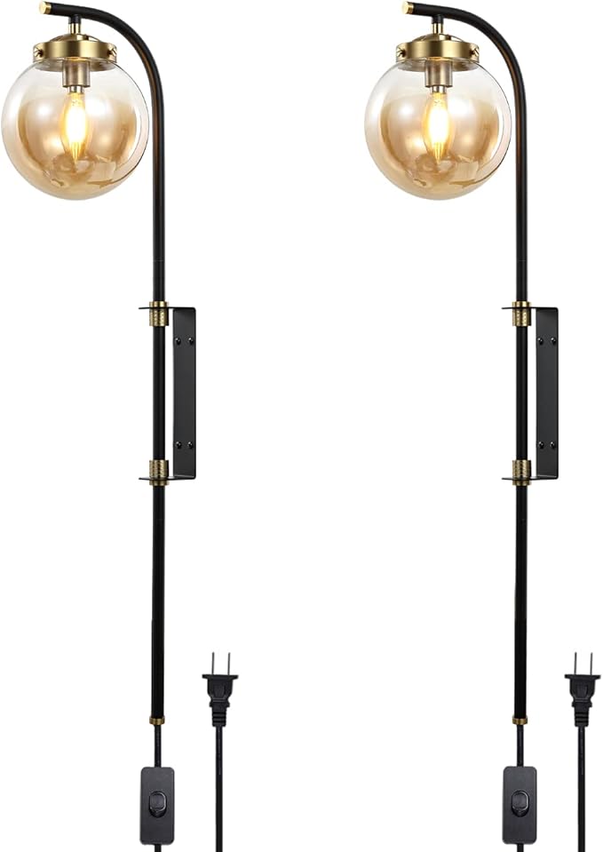 ELEHINSER Black Wall Sconces Set of 2 with Globe Shade, Modern Indoor Plug in Wall Lamps with Switch, Angle Adjustable Light for Bedroom Living Room Study Hallway Bedside - Bloomnest