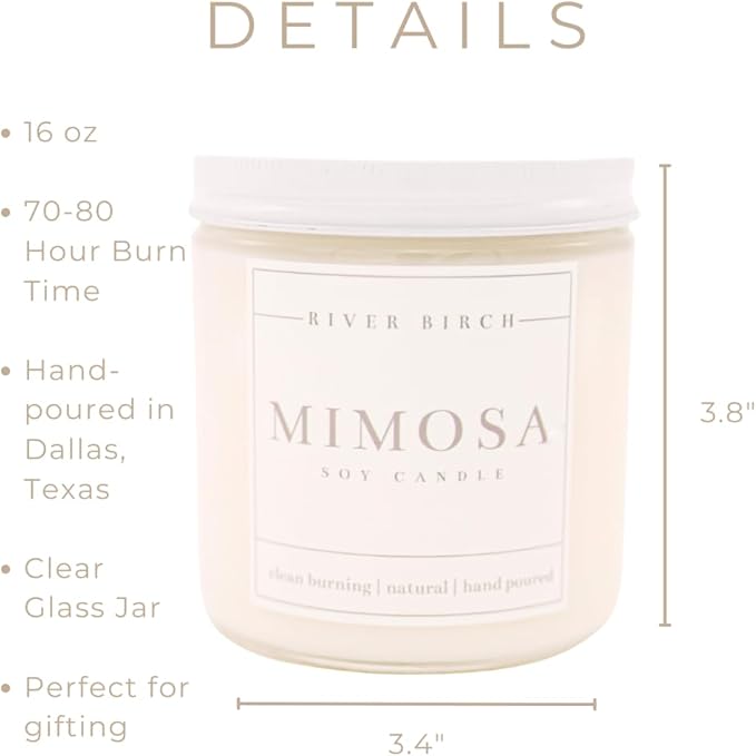 River Birch Candles Mimosa Scented Candle | Premium, All-Natural, Non-Toxic, Soy Candles | 16oz 90 Hr Burn Time | Cozy Relaxing Gifts for Home - Bloomnest