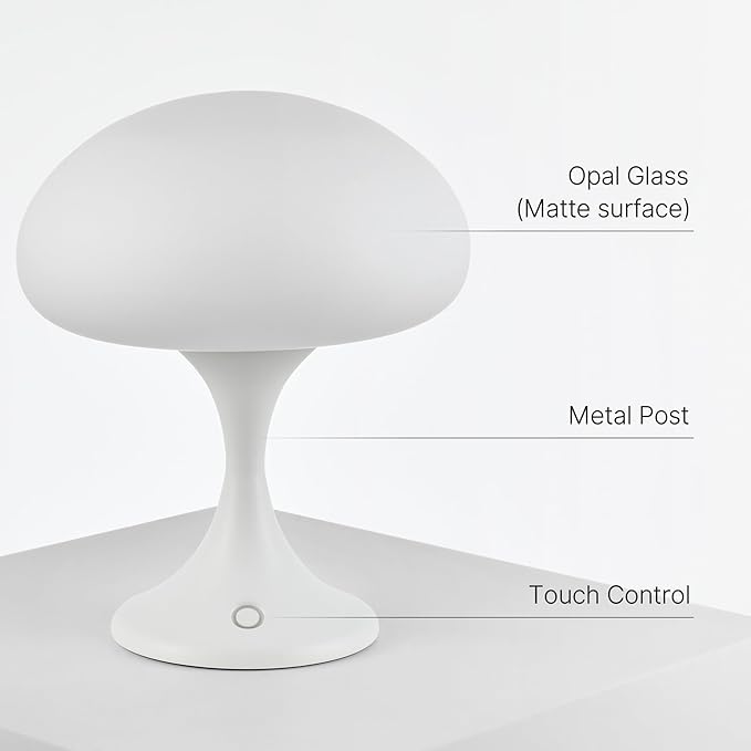 Mushroom Lamp, 5W LED Cordless Rechargeable Table Lamp with Glass Shade, Small Retro Dimmable Touch Light with 3 Color Temps, Aesthetic Mid Century Bedside Light for Bedroom Ambient, White - Bloomnest