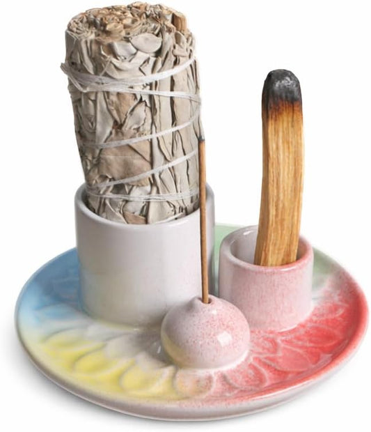 Palo Santo Sticks Holder, Multi-Purpose Handmade Ceramic Incense Burner for Palo Santo Incense Sticks, Sage Holder for Burning, Ash Catcher Tray for Meditation Yoga Room-4 Mixed Colors ToolSentryX