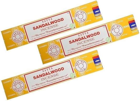 Satya Sandalwood Incense Sticks, 15g, 3 Packs with Holder, for Meditation and Relaxation