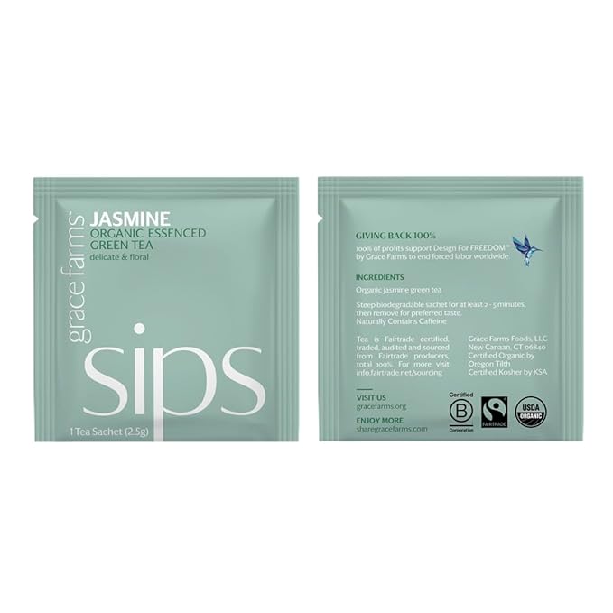 Grace Farms Organic JASMINE Green Tea (100 Enveloped Pyramid Sachets w/String & Tag) | Fragrant and Sweet | Fairtrade and Kosher Certified | Best Green Tea | Gives Back 100% of Profits - Bloomnest