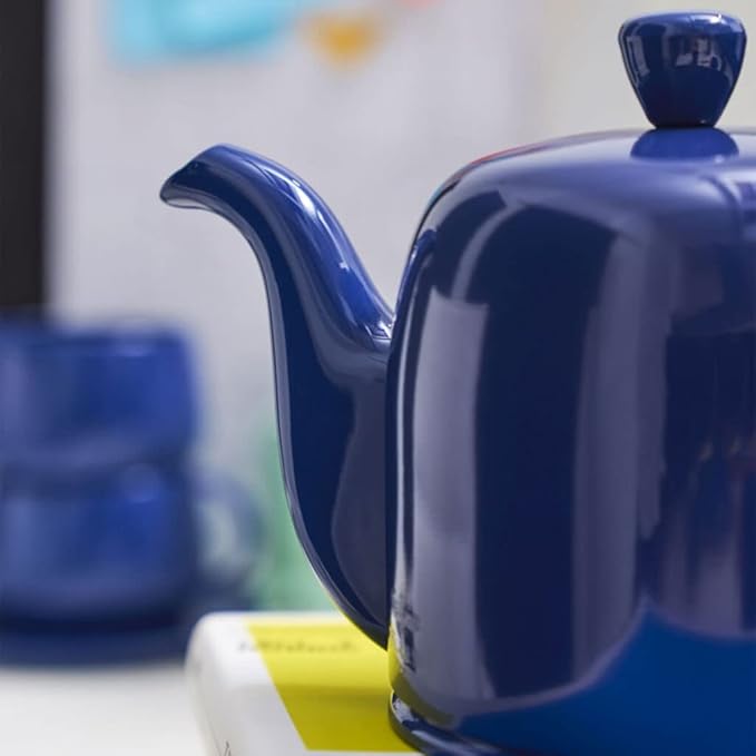 Degrenne Salam Luxury French Tea Pot - Porcelain Teapot with Stainless Steel Cover, Ceramic Tea Kettle for Loose Tea, Removable Infuser, 6 Cup Capacity, 36oz - Monochrome Blue - Bloomnest