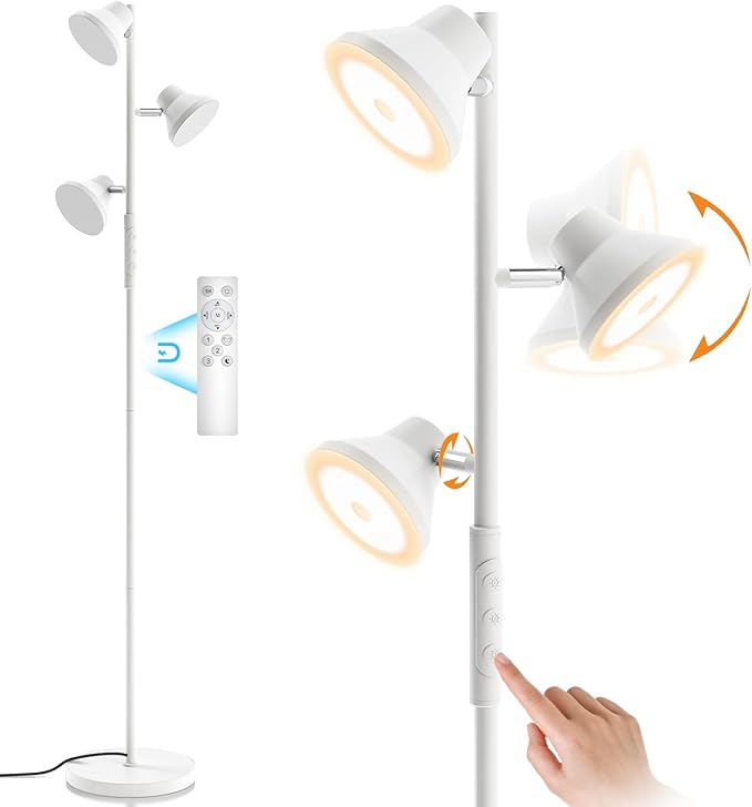 White Floor Lamp, 36W Modern Dimmable Standing Lamp 2700-6500K, 3 Rotatable LED Lights Reading Tall Lamp, Touch & Remote Control Floor Lamps for Living Room Bedroom Office - Bloomnest